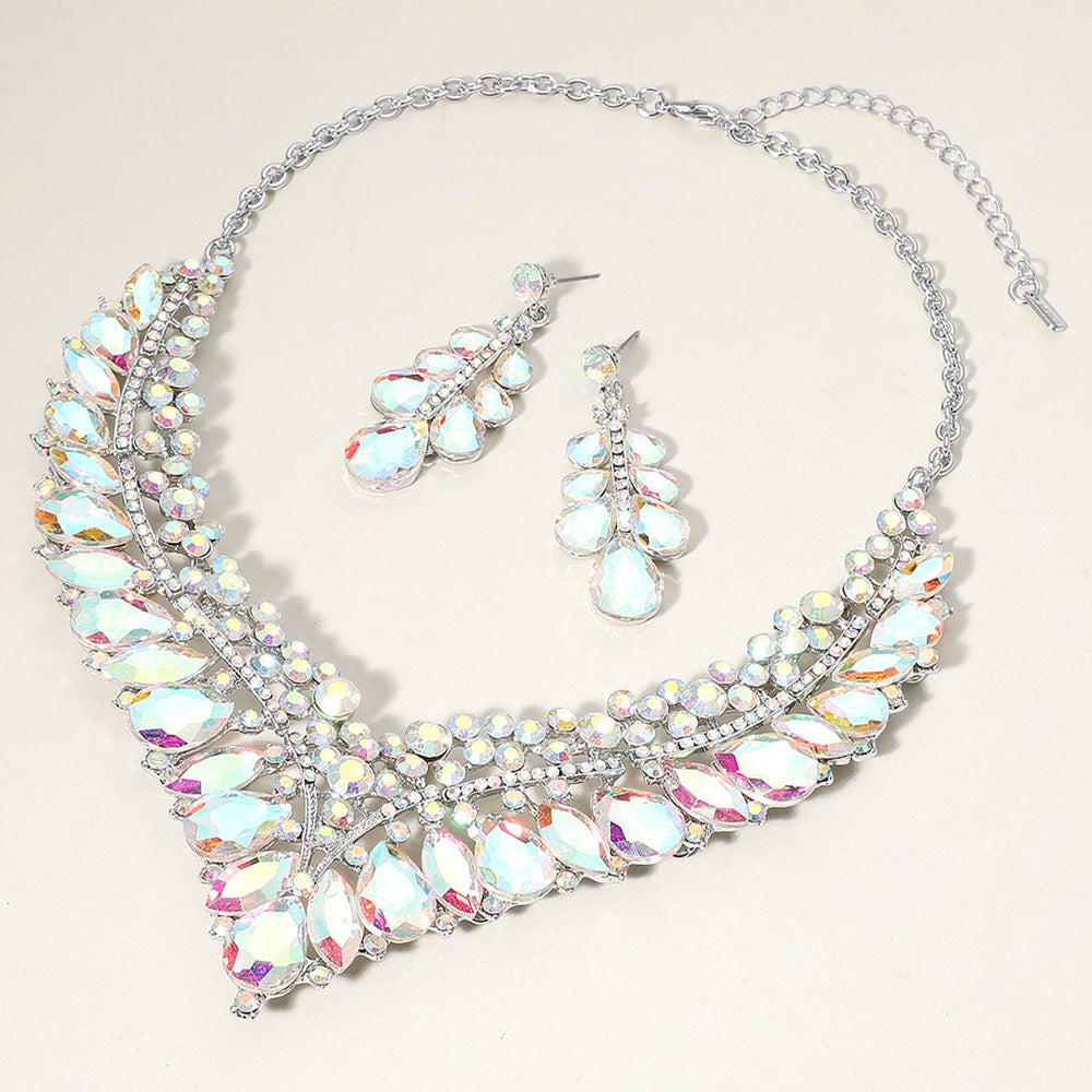 AB, Silver Teardrop Marquise Round Stone Embellished V Shaped Evening Necklace