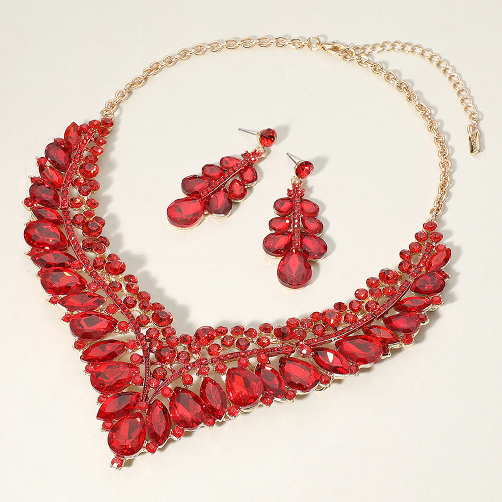 Gold, Red Teardrop Marquise Round Stone Embellished V Shaped Evening Necklace