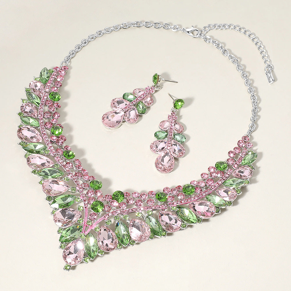 Pink&Green, Silver Teardrop Marquise Round Stone Embellished V Shaped Evening Necklace