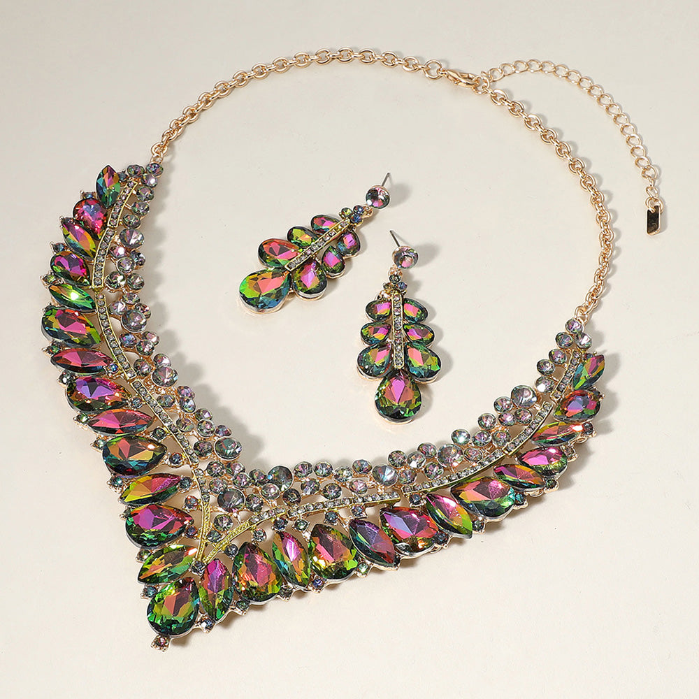 Gold Teardrop Marquise Round Stone Embellished V Shaped Evening Necklace