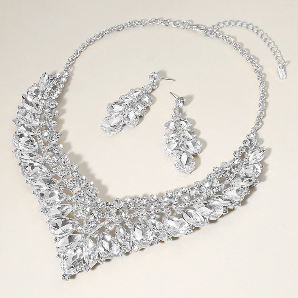 Clear, Silver Teardrop Marquise Round Stone Embellished V Shaped Evening Necklace