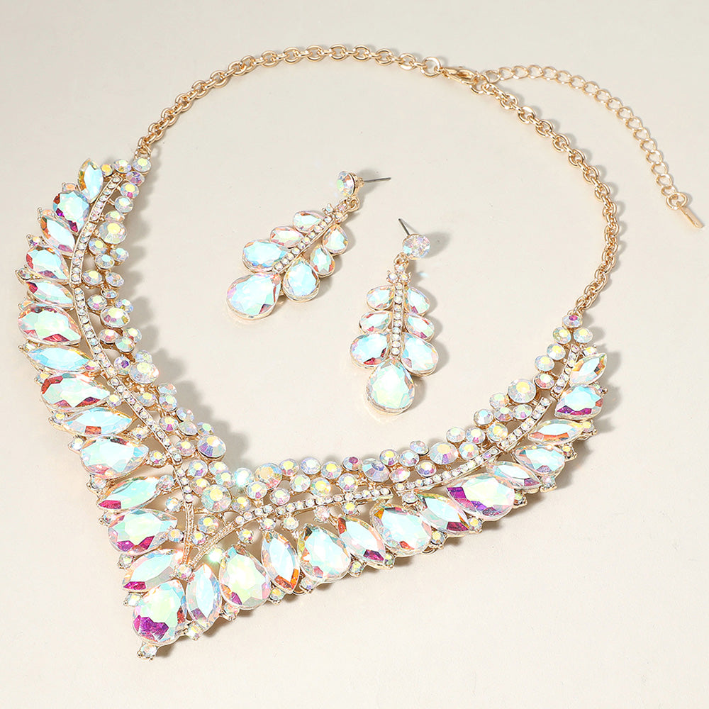 AB, Gold Teardrop Marquise Round Stone Embellished V Shaped Evening Necklace
