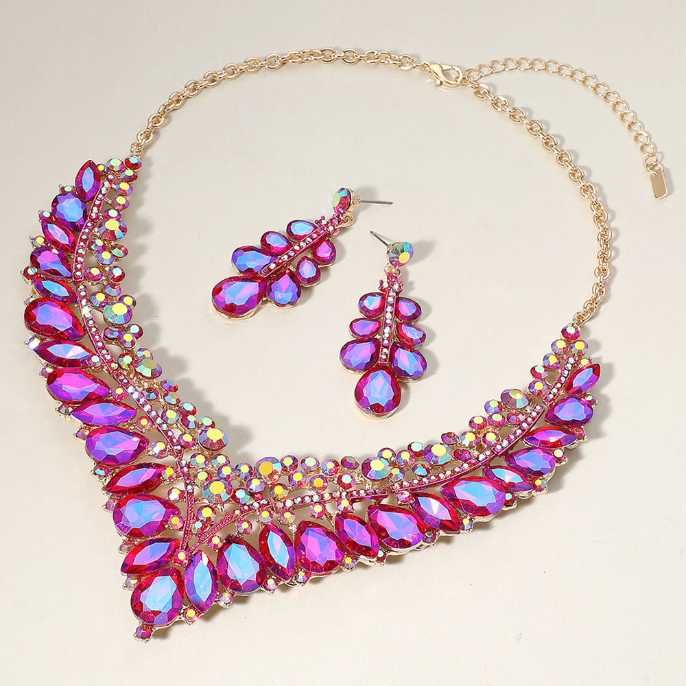 AB, Gold, Purple Teardrop Marquise Round Stone Embellished V Shaped Evening Necklace