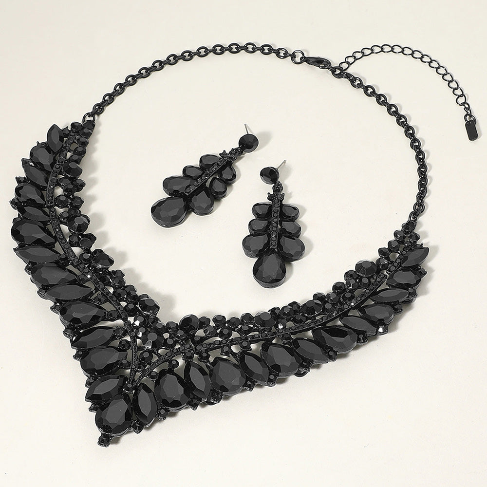 Black, Jet Black Teardrop Marquise Round Stone Embellished V Shaped Evening Necklace