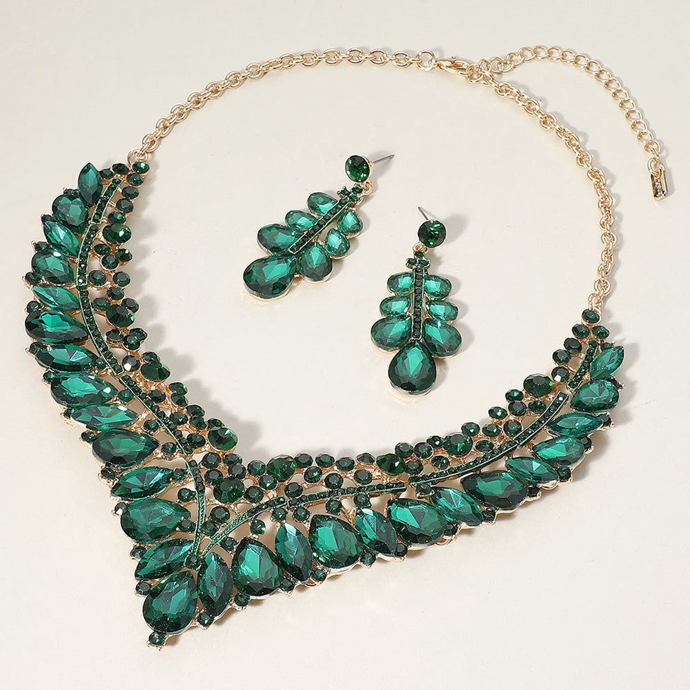 Gold, Green Teardrop Marquise Round Stone Embellished V Shaped Evening Necklace