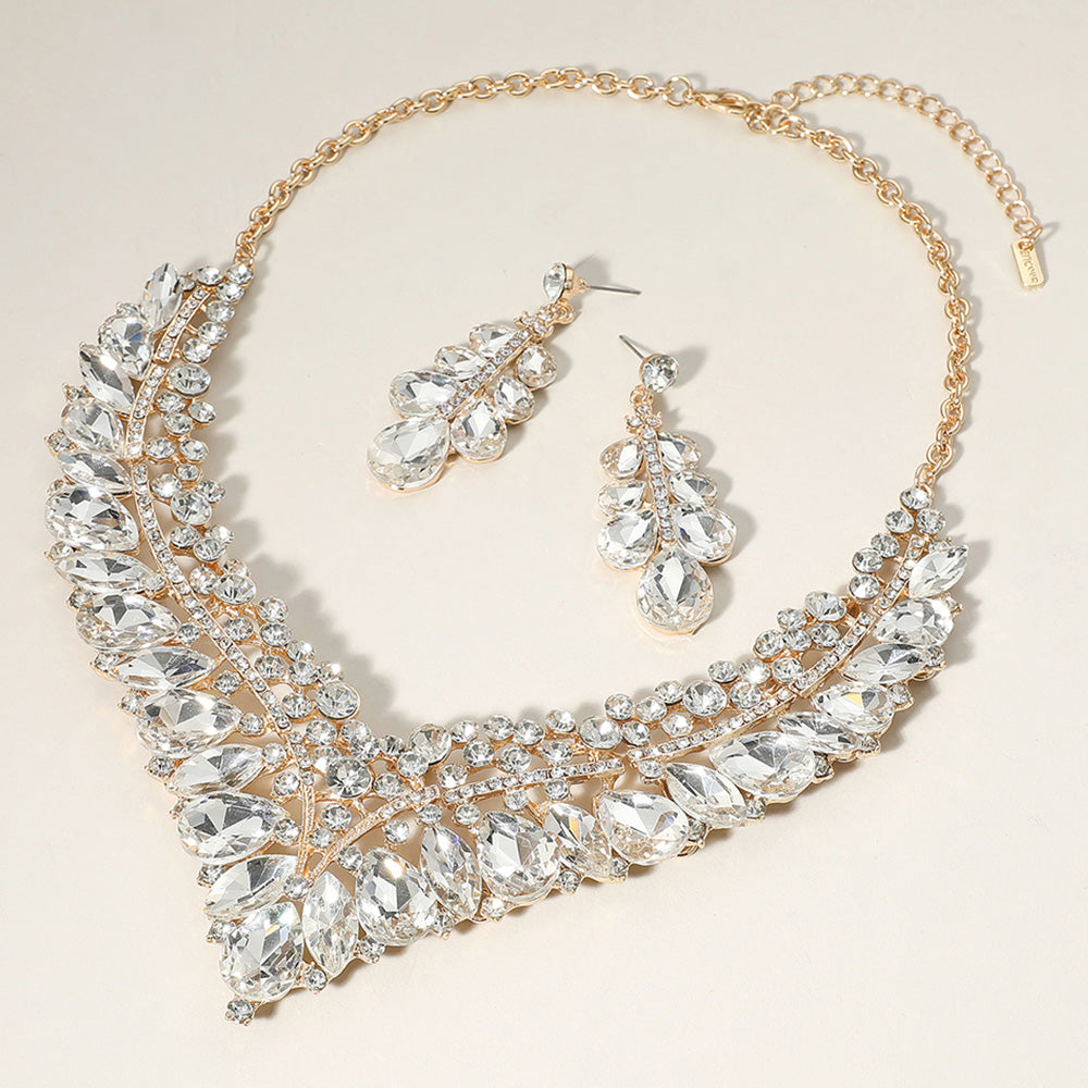Clear, Gold Teardrop Marquise Round Stone Embellished V Shaped Evening Necklace