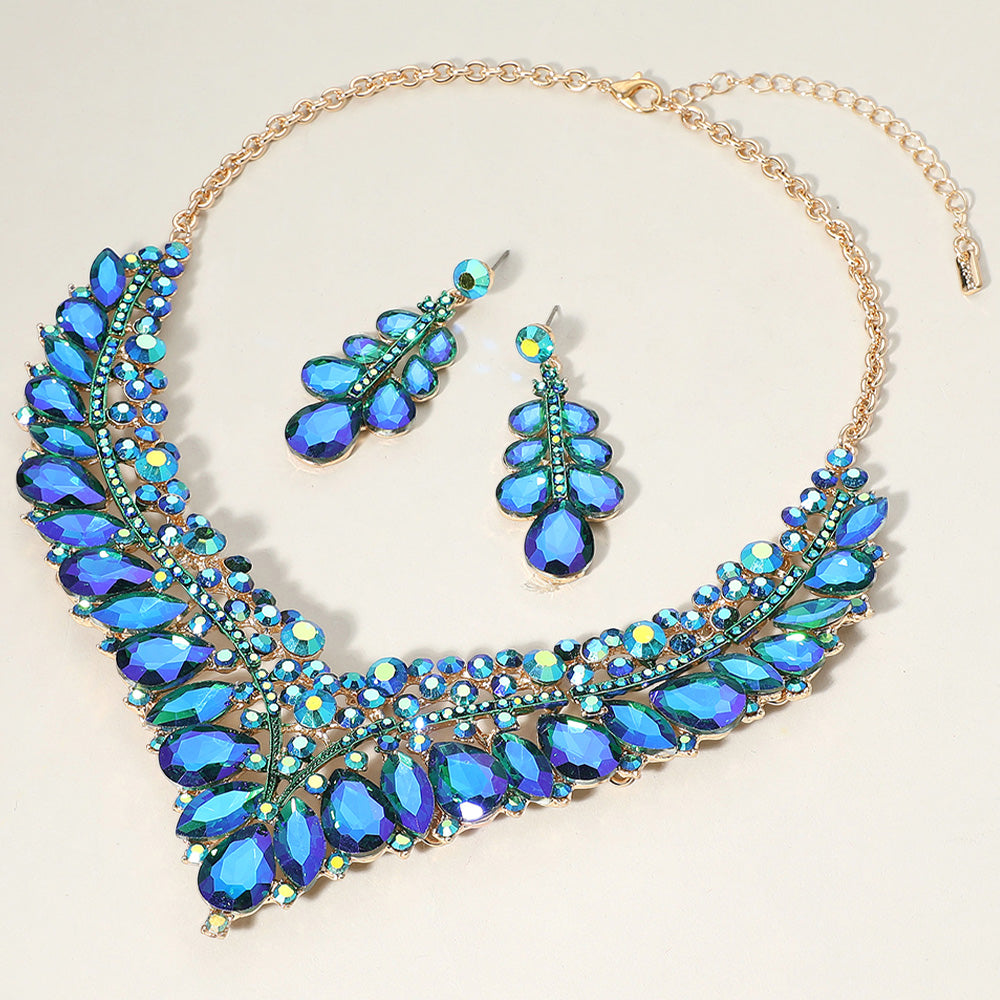 AB, Blue, Gold Teardrop Marquise Round Stone Embellished V Shaped Evening Necklace