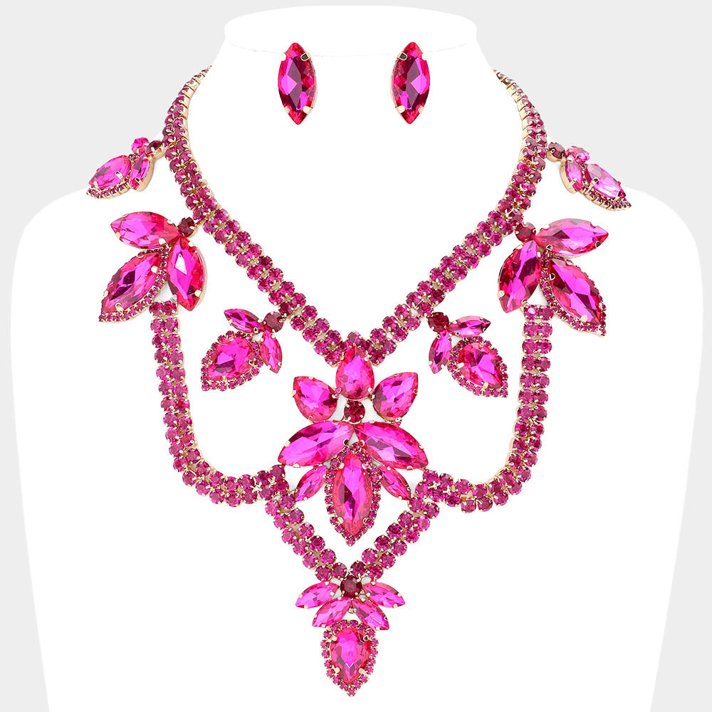 Fuchsia Teardrop Marquise Stone Accented Draped Evening Necklace