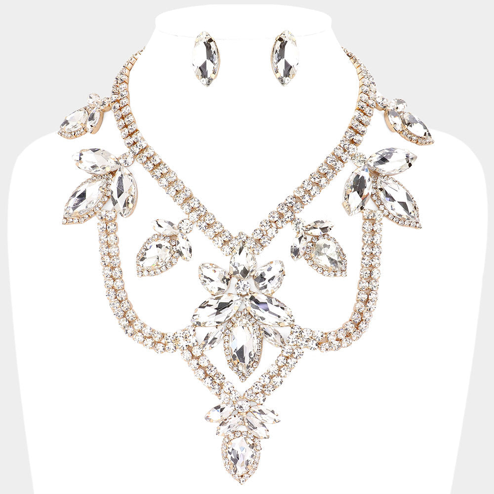 Gold Teardrop Marquise Stone Accented Draped Evening Necklace