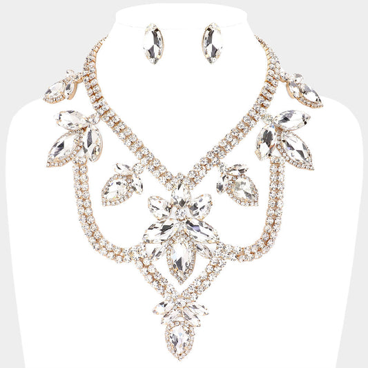 Gold Teardrop Marquise Stone Accented Draped Evening Necklace