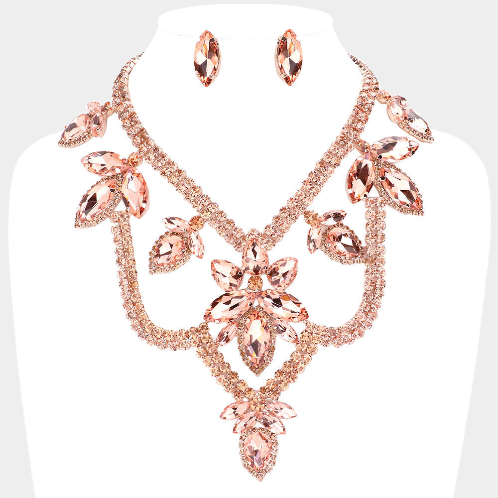 Peach Teardrop Marquise Stone Accented Draped Evening Necklace