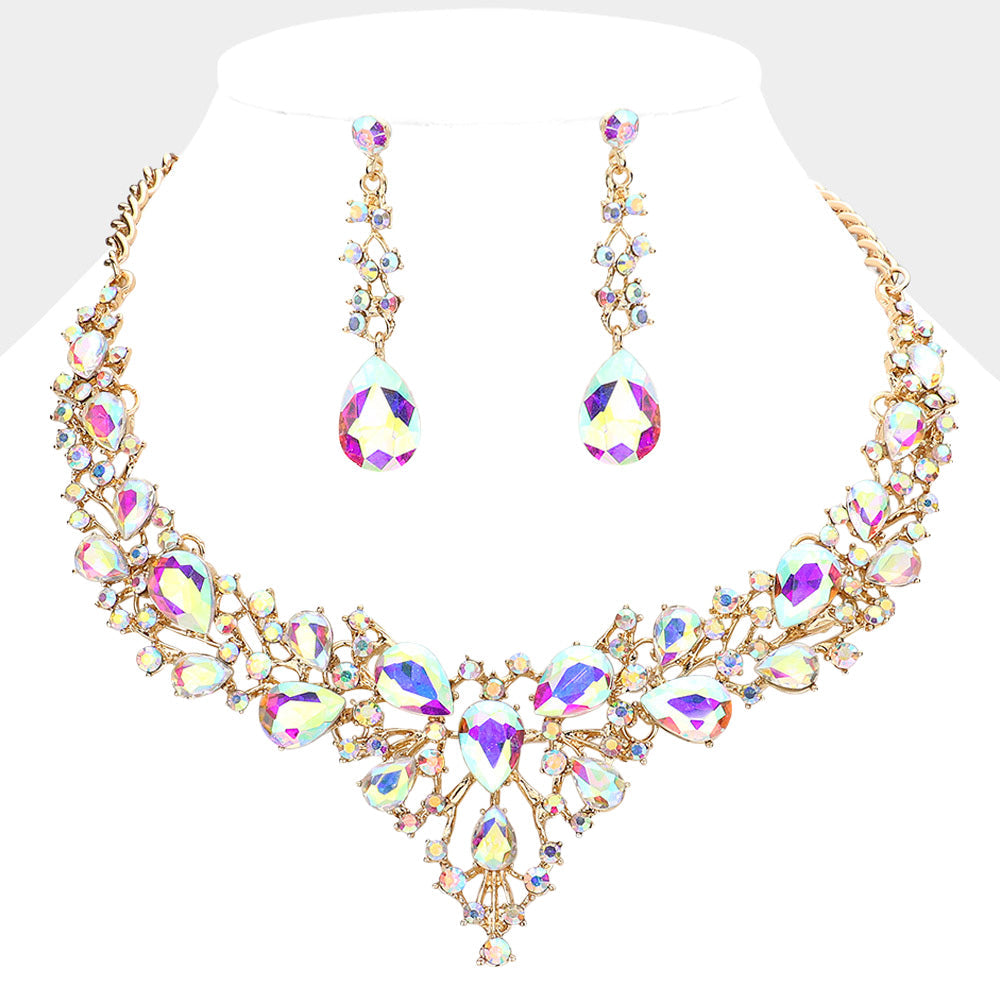 AB, Gold Teardrop Round Stone Cluster Evening Necklace