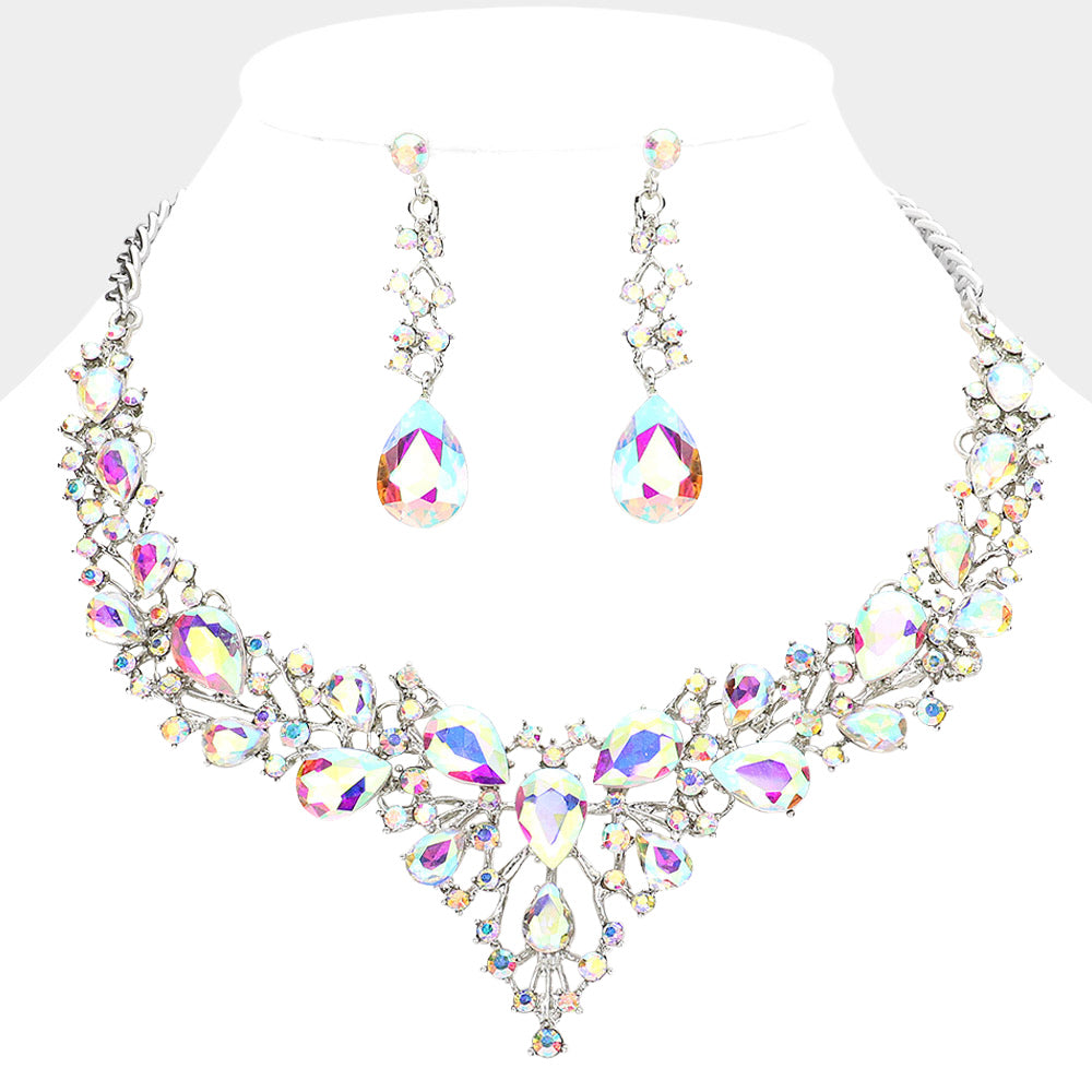 AB, Rhodium Teardrop Round Stone Cluster Evening Necklace