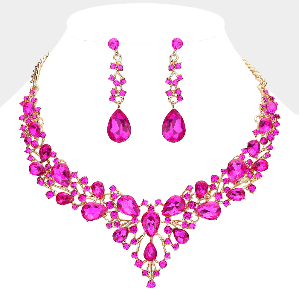 Fuchsia, Gold Teardrop Round Stone Cluster Evening Necklace