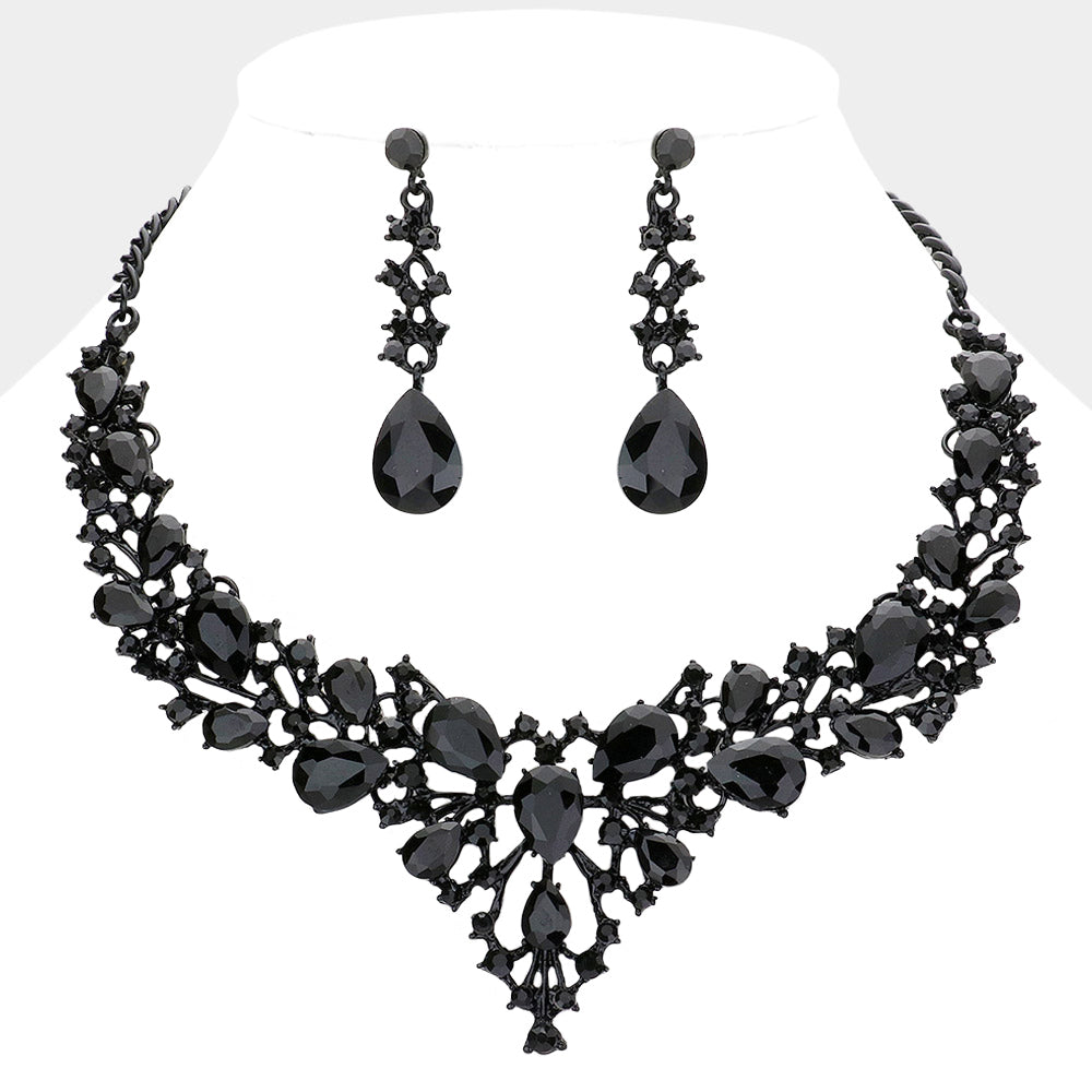 Jet Black Teardrop Round Stone Cluster Evening Necklace