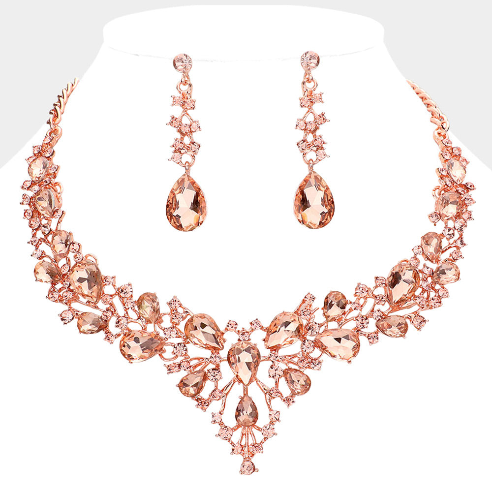 Peach, Rose Gold Teardrop Round Stone Cluster Evening Necklace
