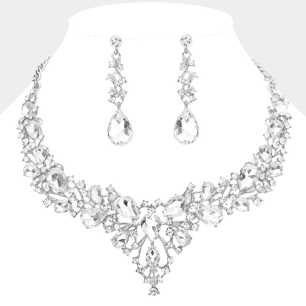 Silver Teardrop Round Stone Cluster Evening Necklace
