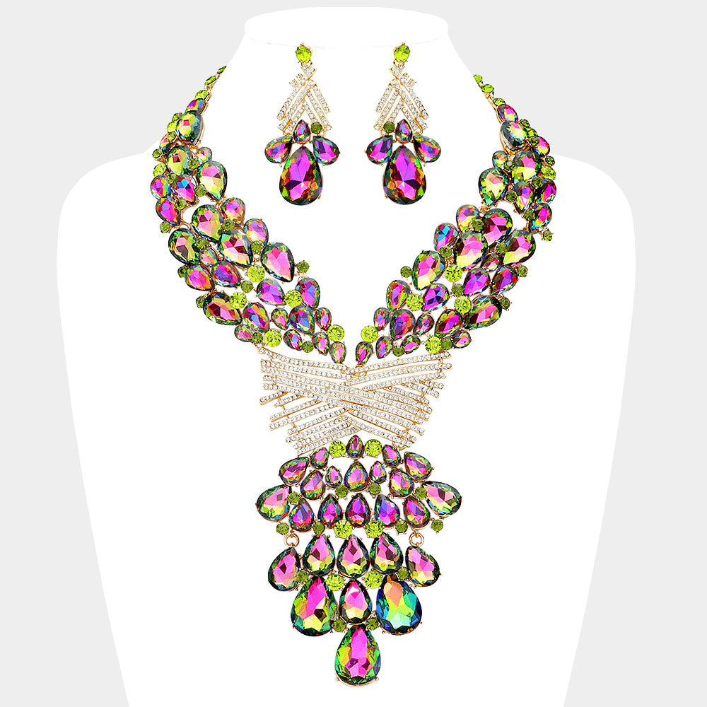 Gold Teardrop Round Stone Embellished Statement Evening Necklace