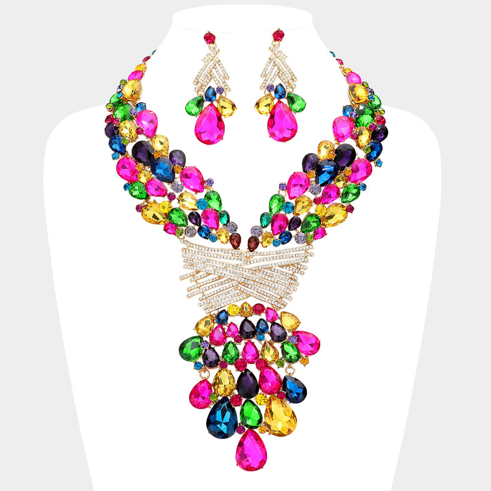 Gold, Multi Teardrop Round Stone Embellished Statement Evening Necklace