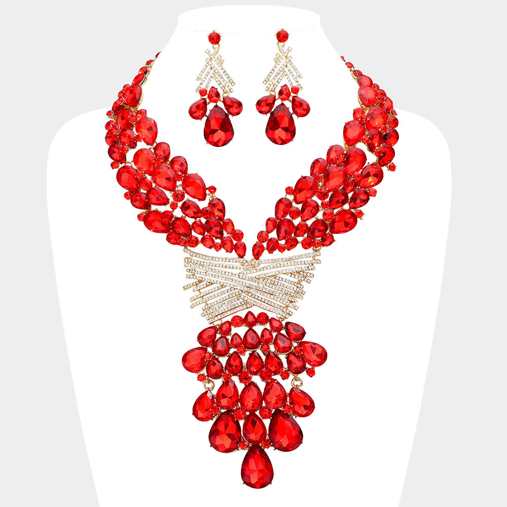 Gold, Red Teardrop Round Stone Embellished Statement Evening Necklace