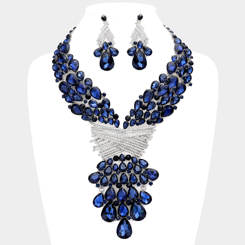 Navy, Rhodium Teardrop Round Stone Embellished Statement Evening Necklace