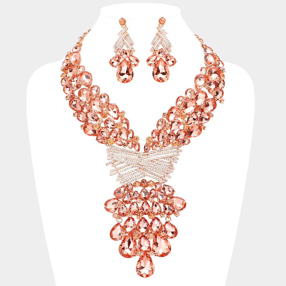 Peach, Rose Gold Teardrop Round Stone Embellished Statement Evening Necklace