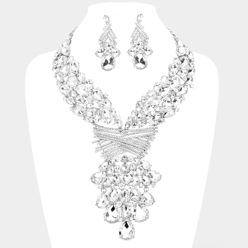 Rhodium Teardrop Round Stone Embellished Statement Evening Necklace
