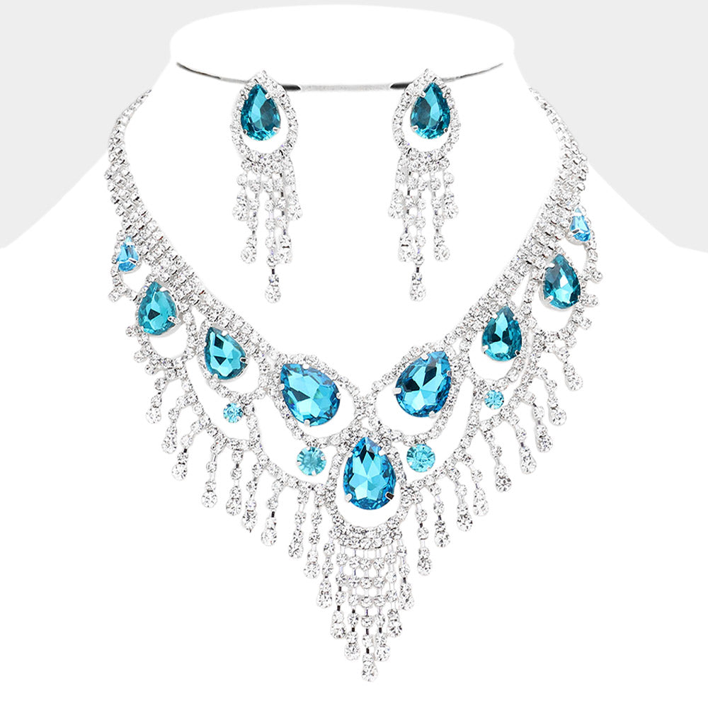 Aqua Teardrop Stone Accented Fringe Evening Necklace