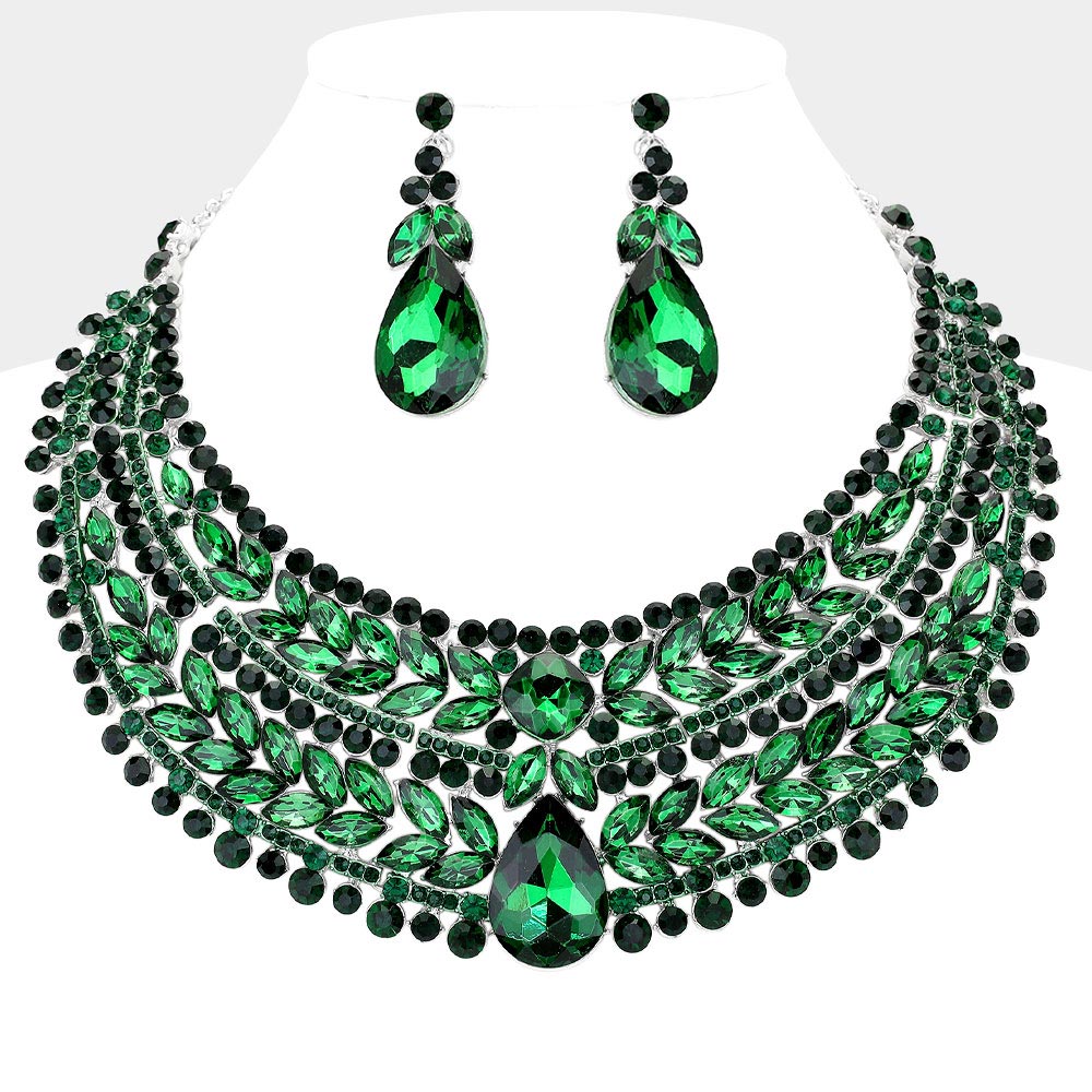 Emerald, Silver Teardrop Stone Accented Marquise Round Stone Embellished Chunky Collar Evening Necklace