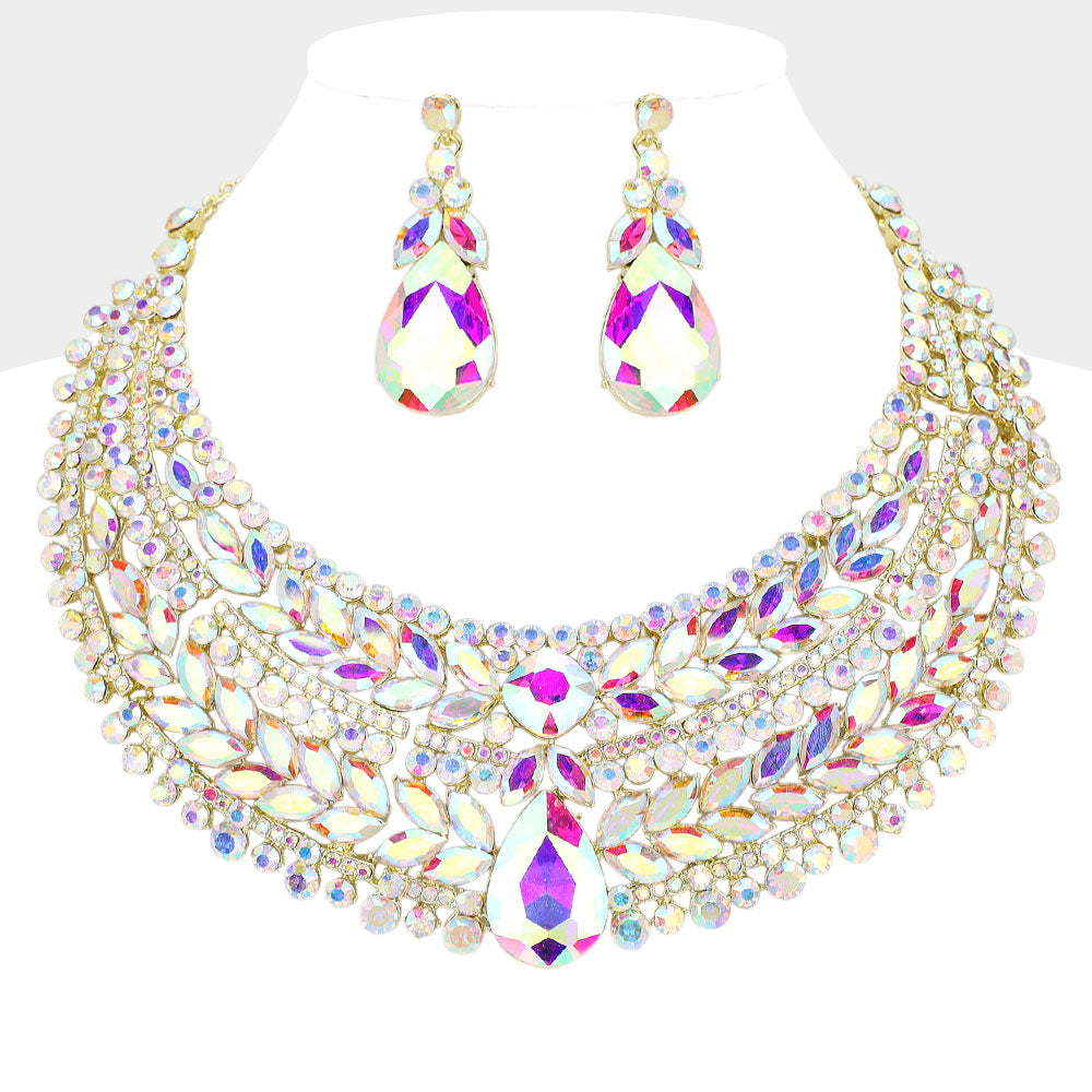 AB, Gold Teardrop Stone Accented Marquise Round Stone Embellished Chunky Collar Evening Necklace