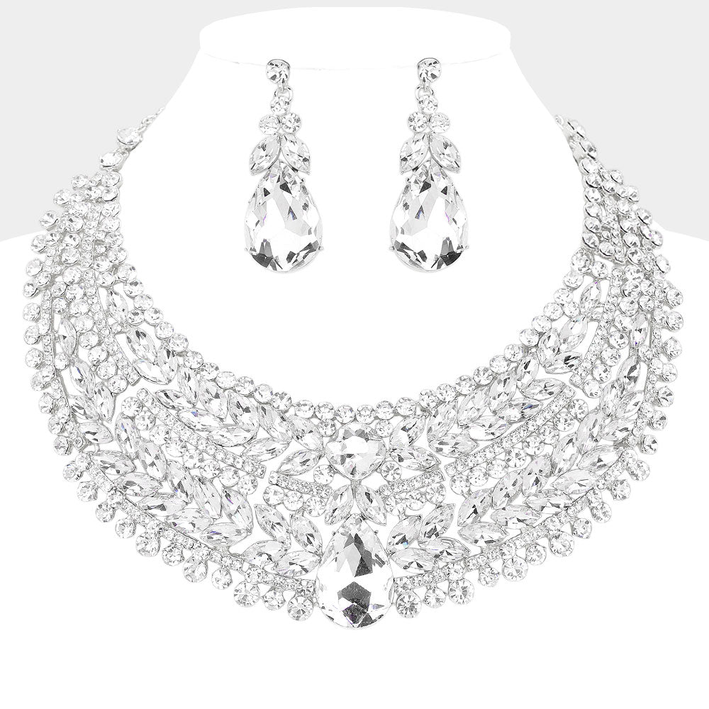 Clear, Silver Teardrop Stone Accented Marquise Round Stone Embellished Chunky Collar Evening Necklace