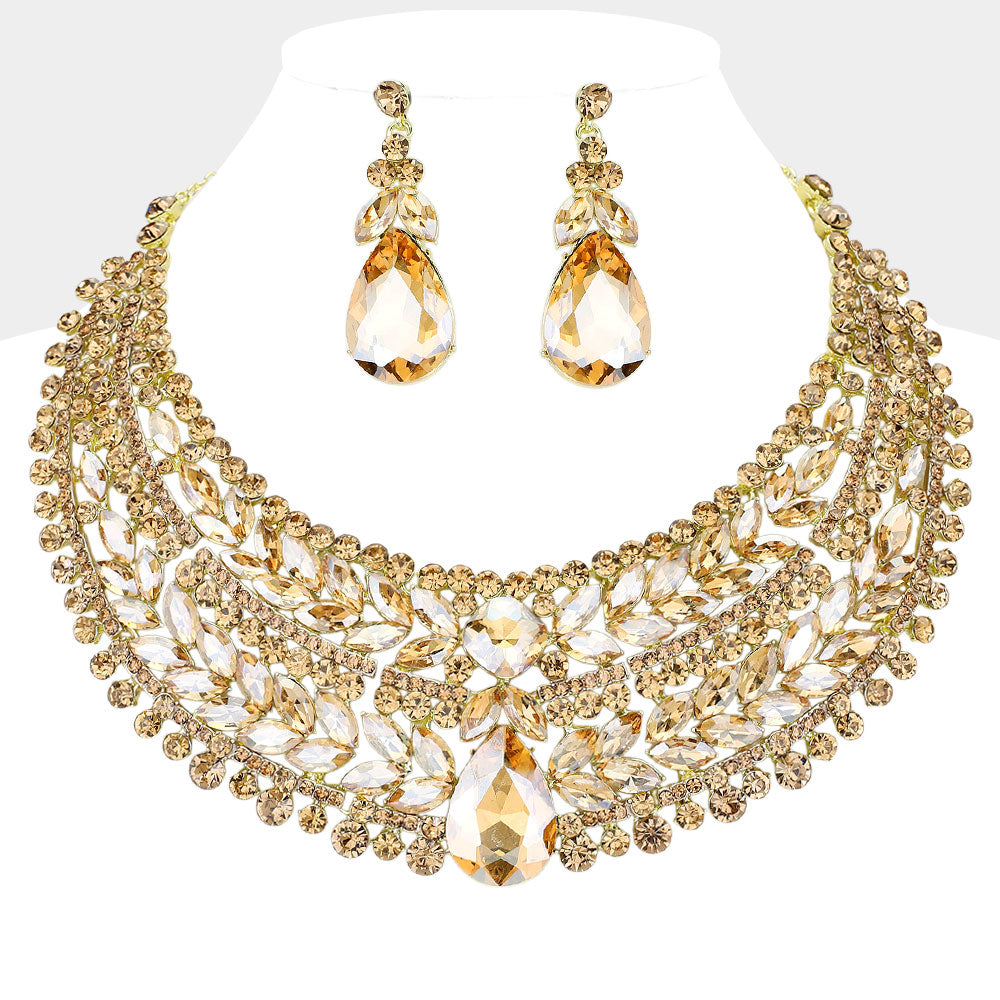 Gold, Lt Col Topaz Teardrop Stone Accented Marquise Round Stone Embellished Chunky Collar Evening Necklace