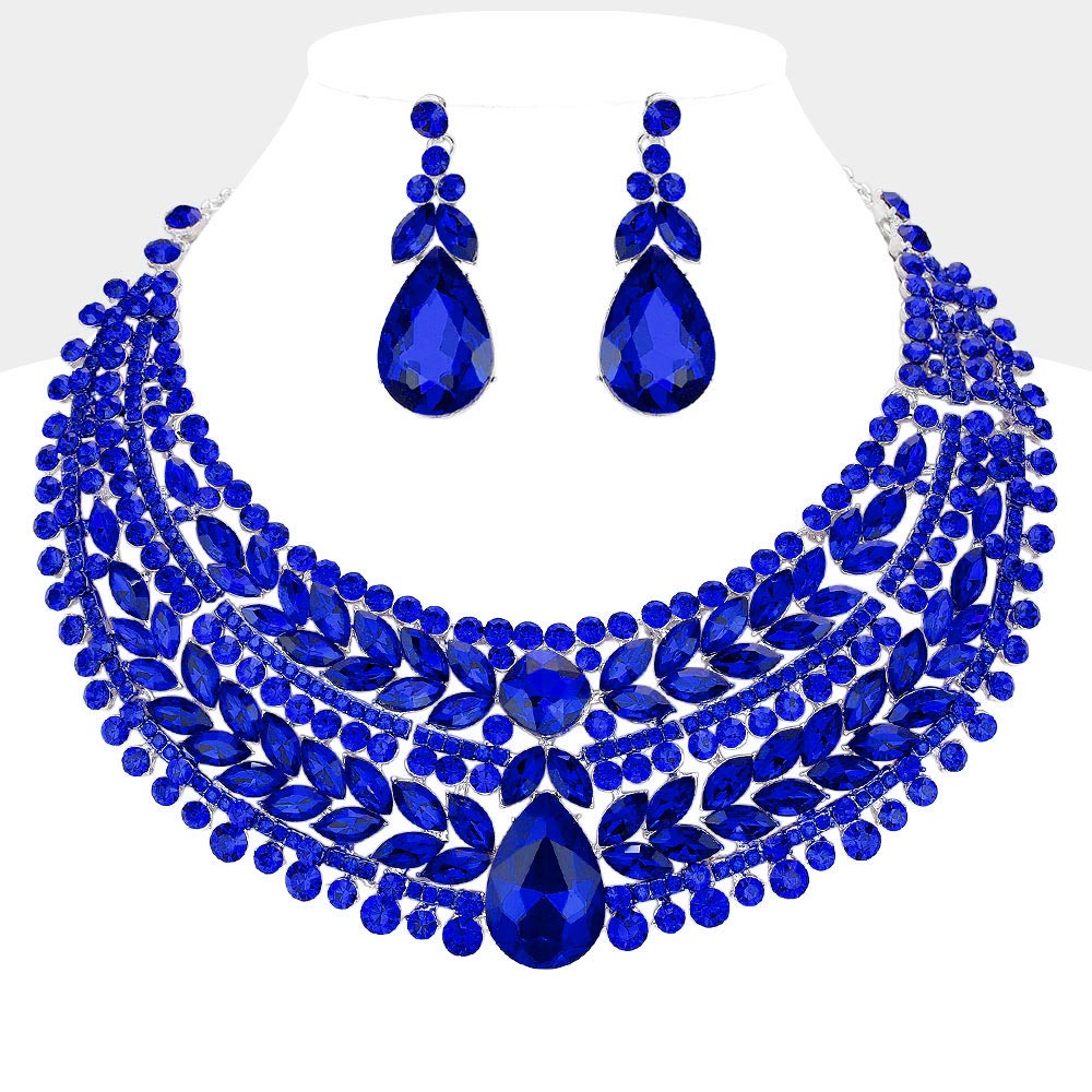 Sapphire, Silver Teardrop Stone Accented Marquise Round Stone Embellished Chunky Collar Evening Necklace