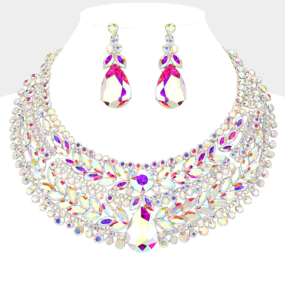 AB, Silver Teardrop Stone Accented Marquise Round Stone Embellished Chunky Collar Evening Necklace