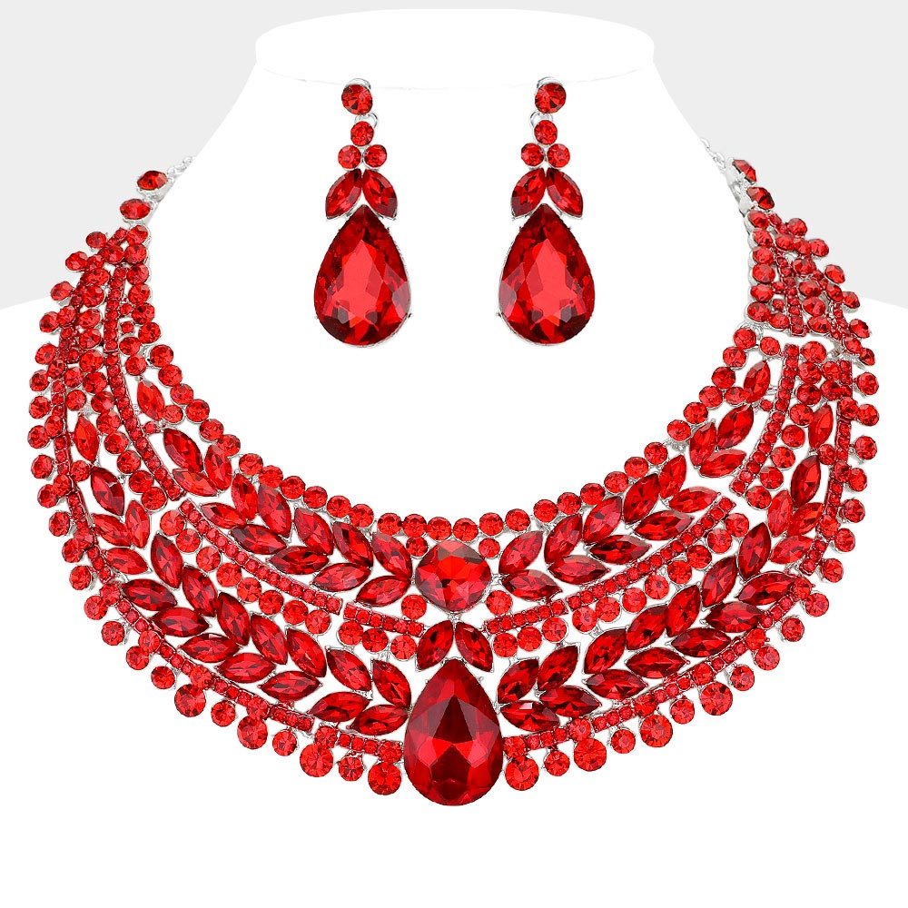 Red, Silver Teardrop Stone Accented Marquise Round Stone Embellished Chunky Collar Evening Necklace