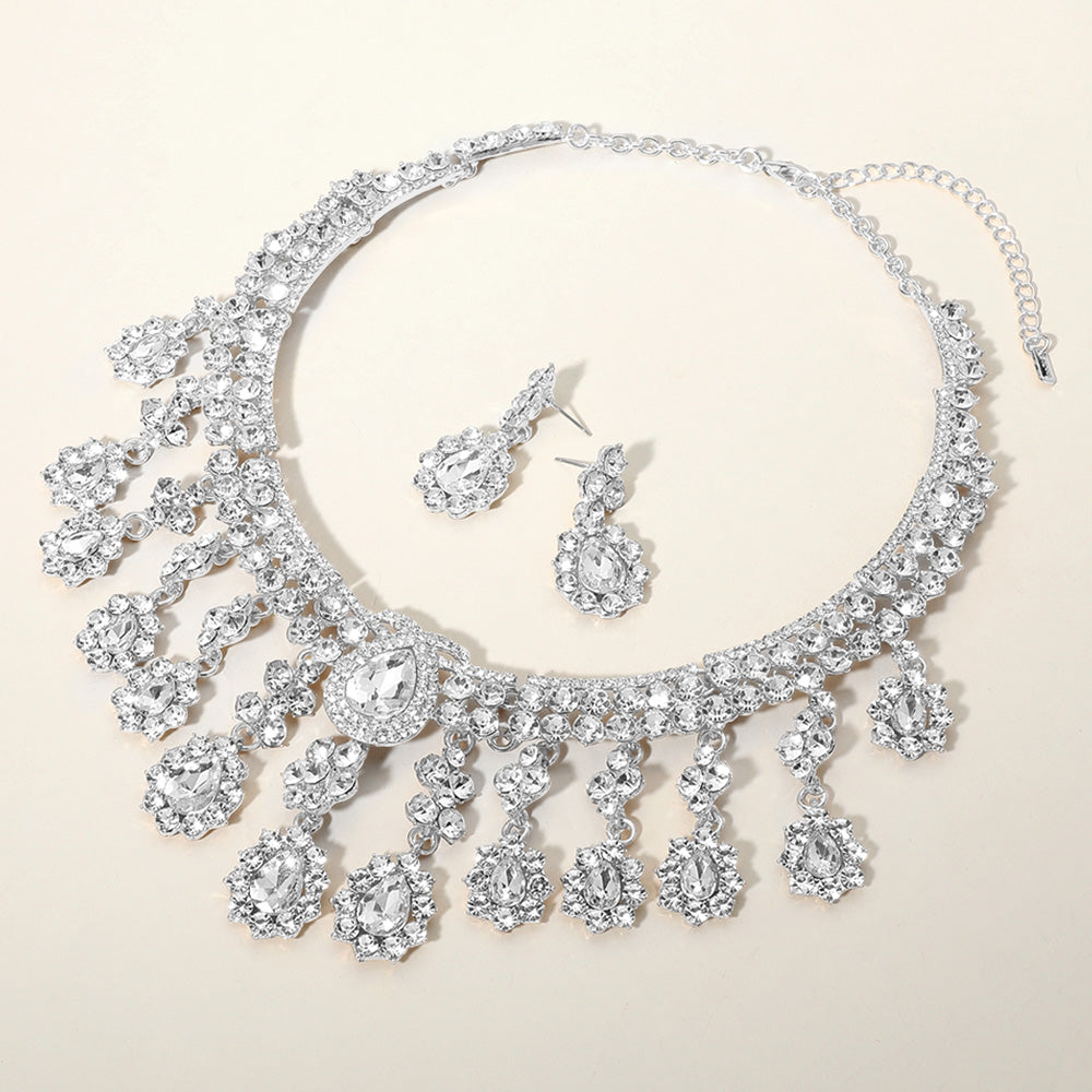 Clear, Silver Teardrop Stone Chandelier Evening Necklace
