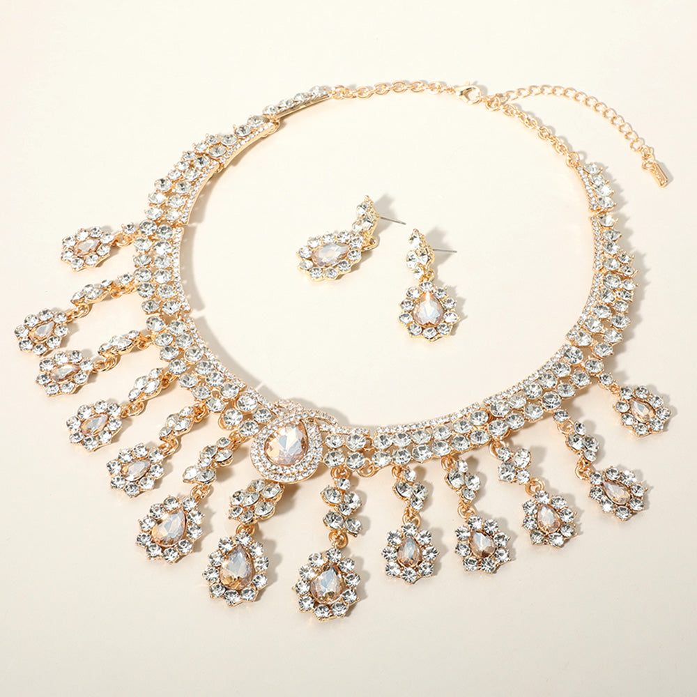 Gold, Lt Col Topaz Teardrop Stone Chandelier Evening Necklace