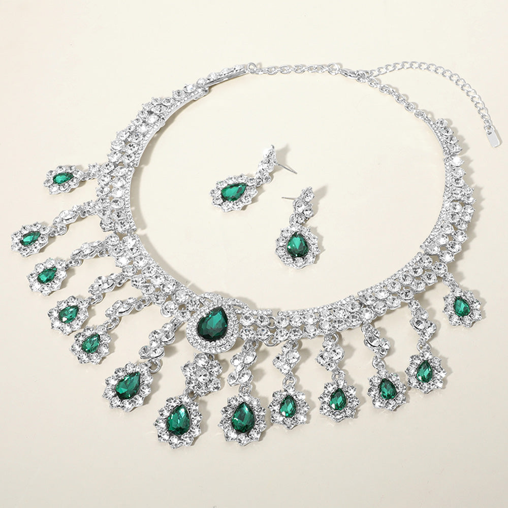 Green, Silver Teardrop Stone Chandelier Evening Necklace
