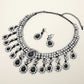 Jet Black, Silver Teardrop Stone Chandelier Evening Necklace