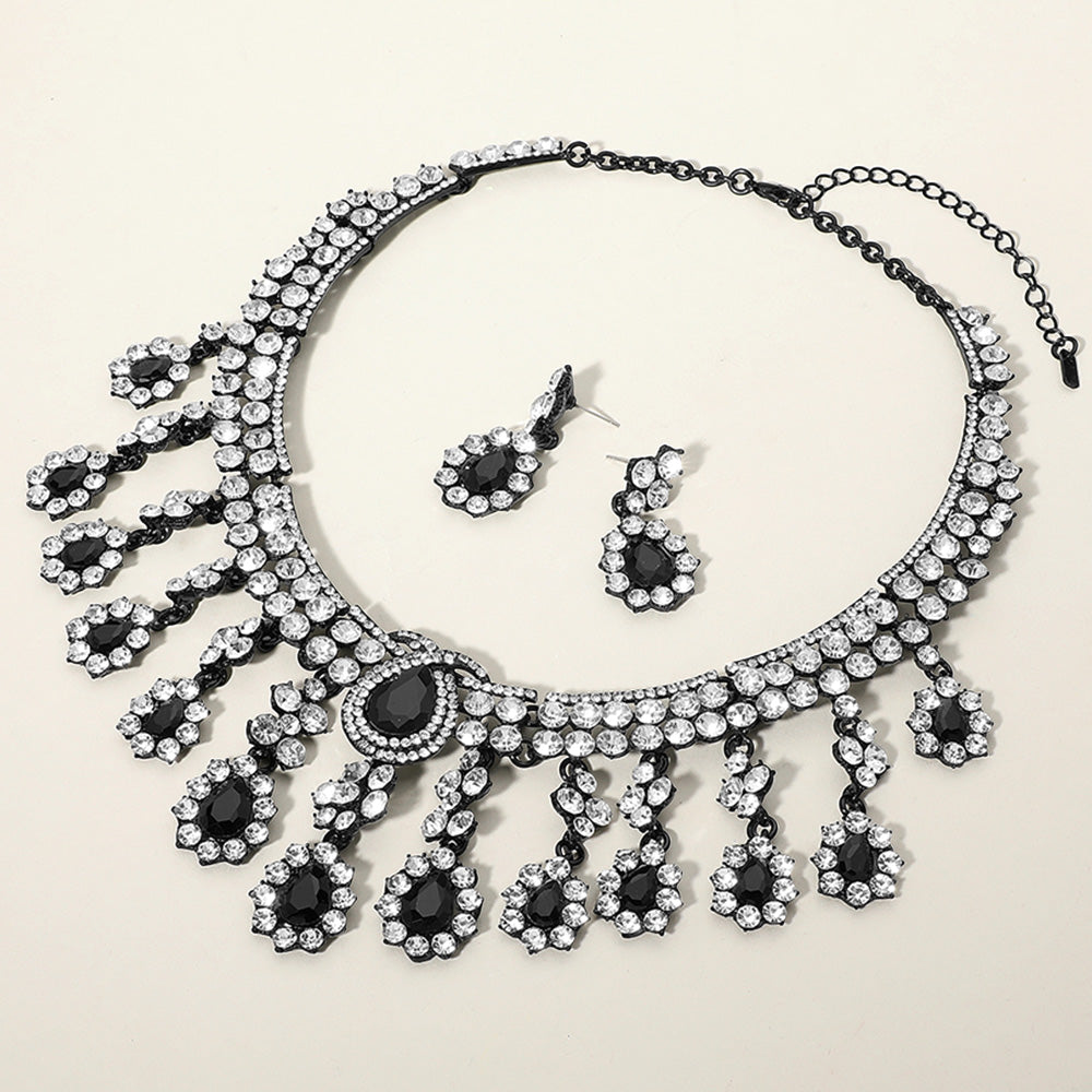 Jet Black, Silver Teardrop Stone Chandelier Evening Necklace