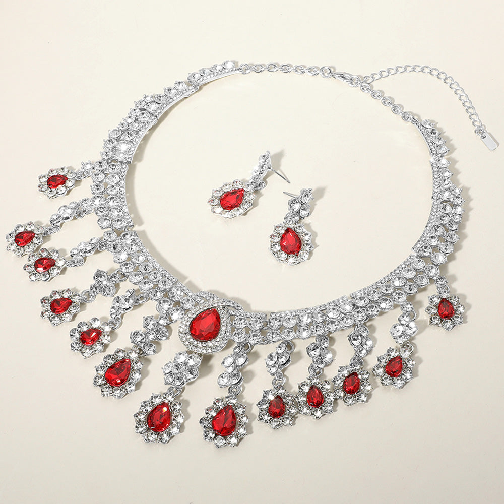 Red, Silver Teardrop Stone Chandelier Evening Necklace
