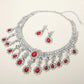 Red, Silver Teardrop Stone Chandelier Evening Necklace