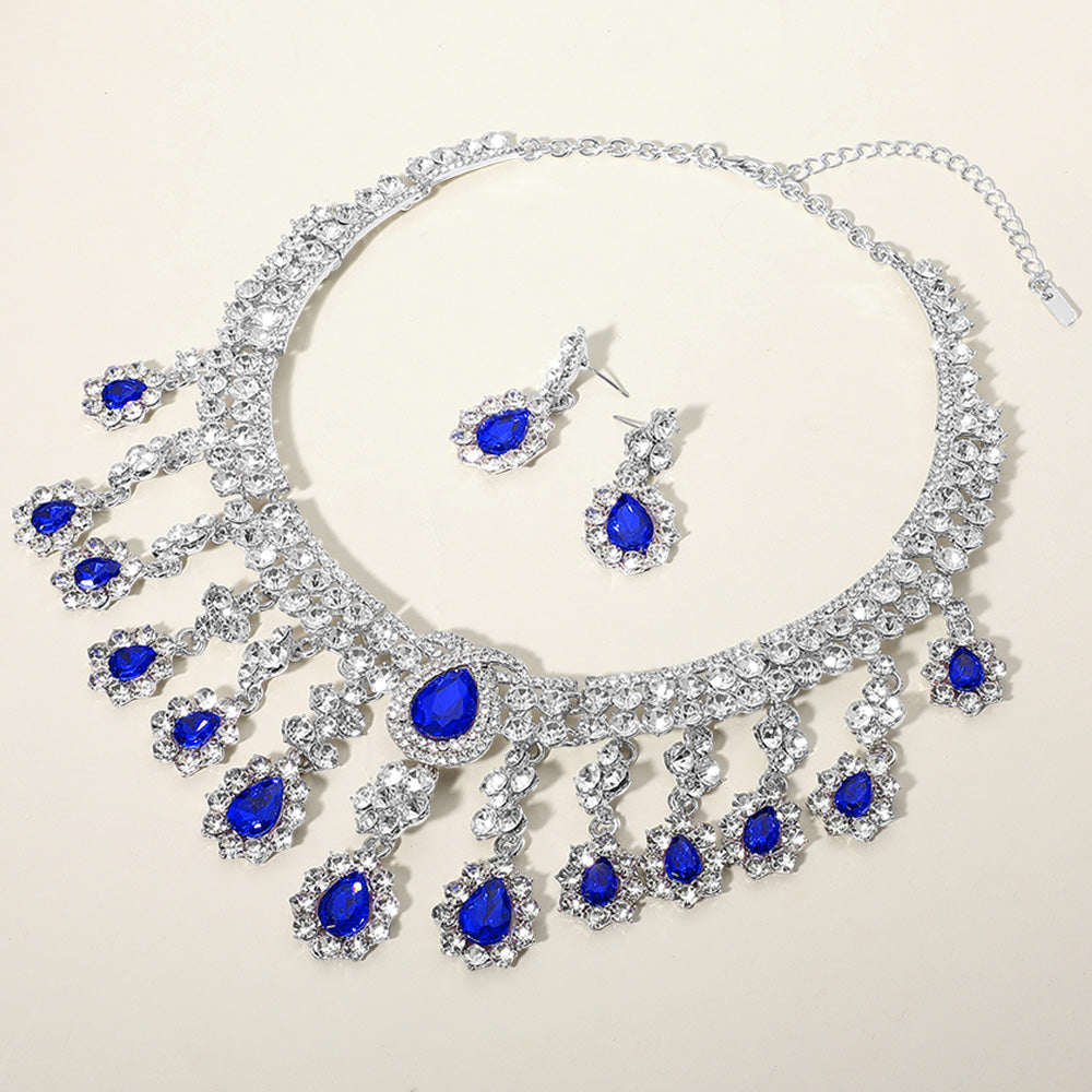 Sapphire, Silver Teardrop Stone Chandelier Evening Necklace