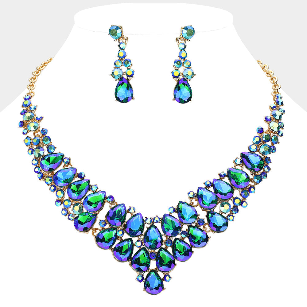 AB, Blue, Gold Teardrop Stone Cluster Collar Evening Necklace