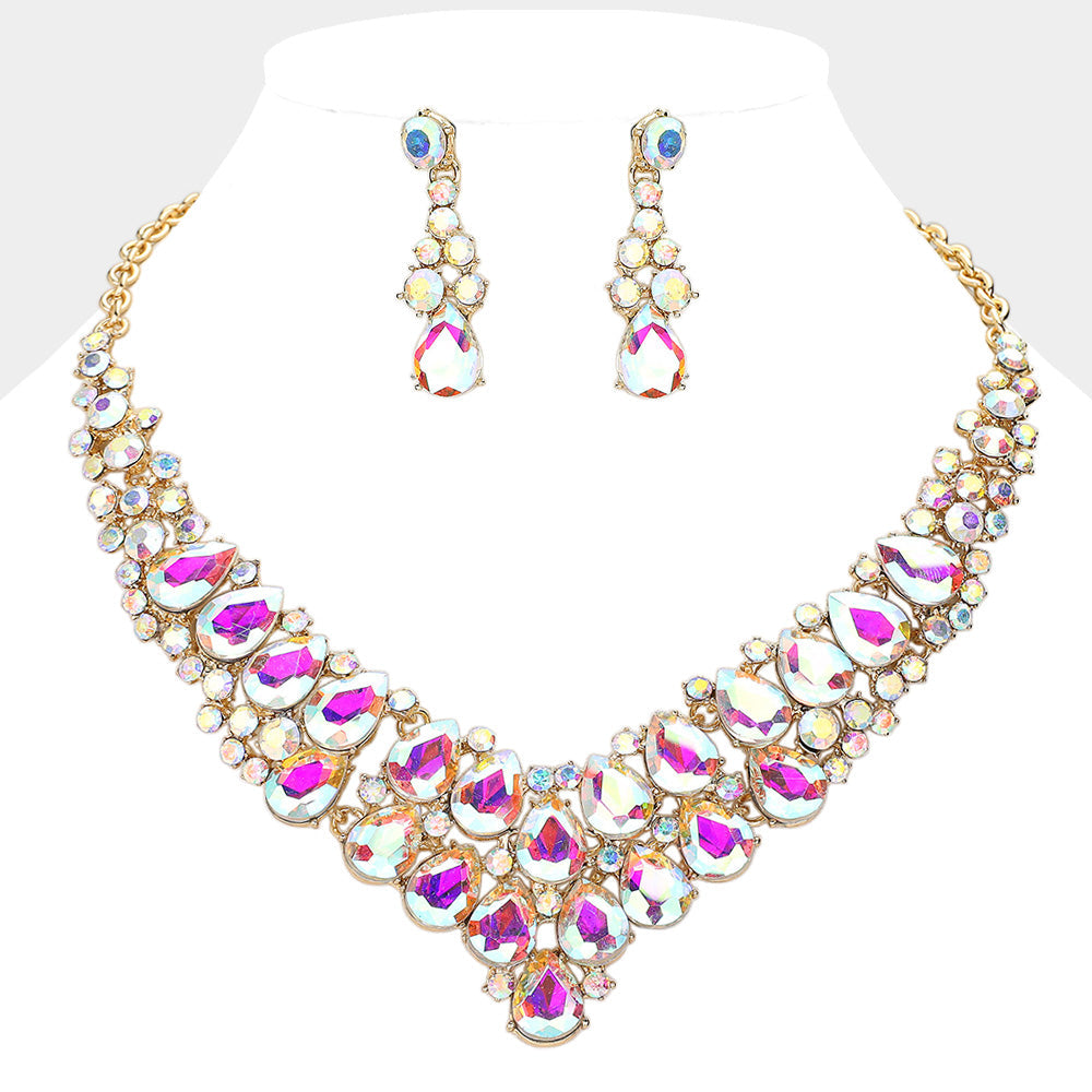 AB, Gold Teardrop Stone Cluster Collar Evening Necklace