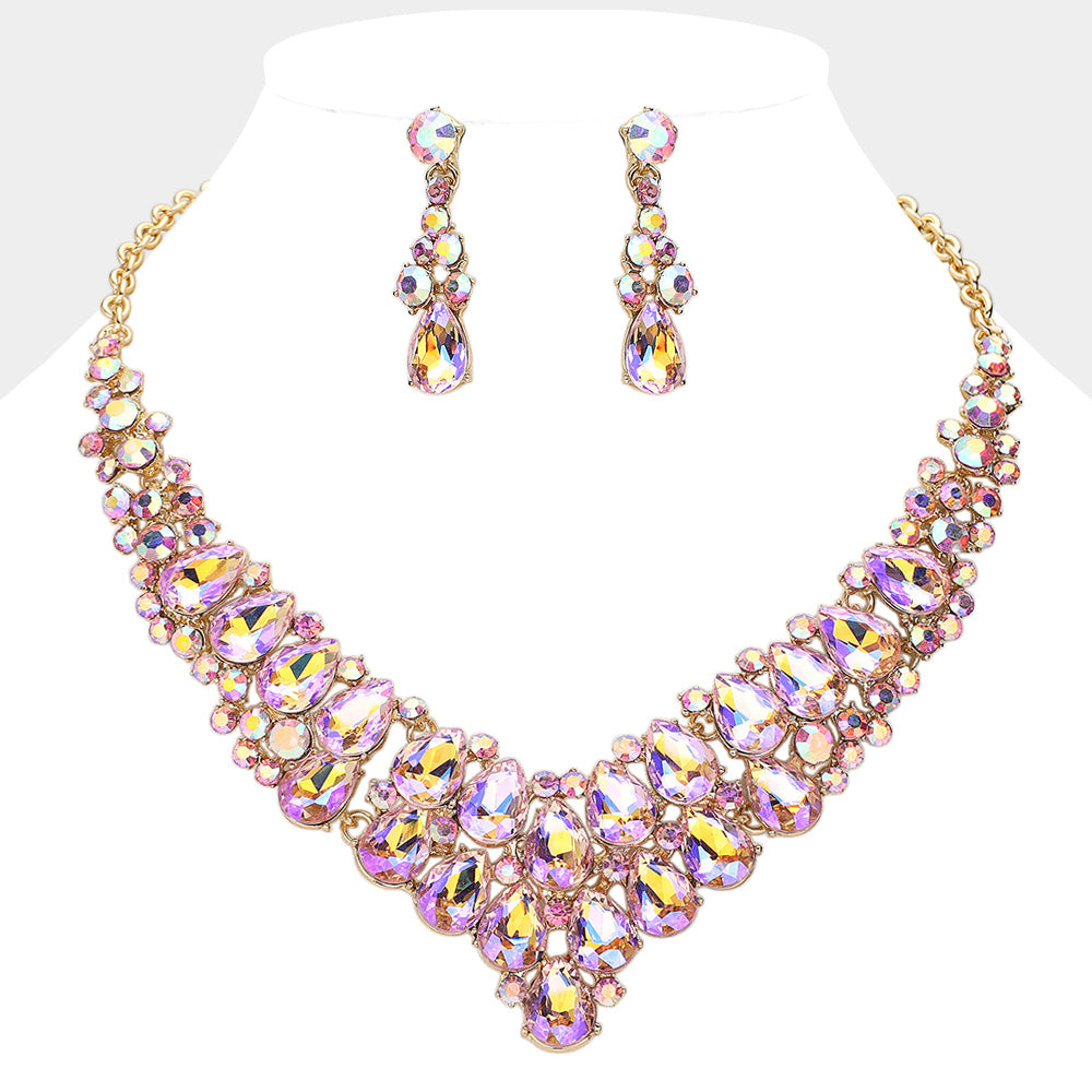 AB, Gold, Peach Teardrop Stone Cluster Collar Evening Necklace
