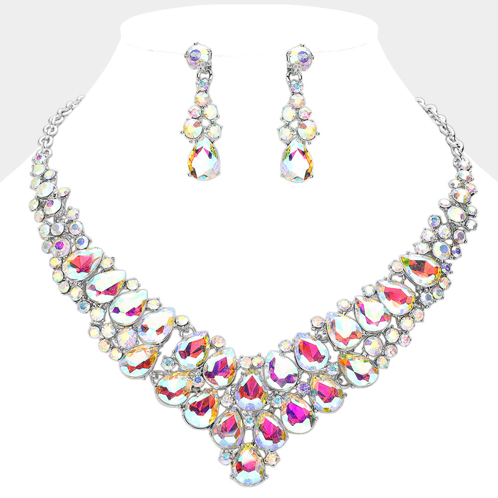 AB, Silver Teardrop Stone Cluster Collar Evening Necklace