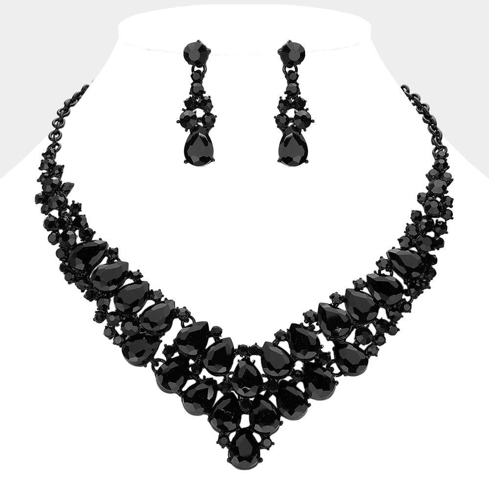 Black, Jet Black Teardrop Stone Cluster Collar Evening Necklace