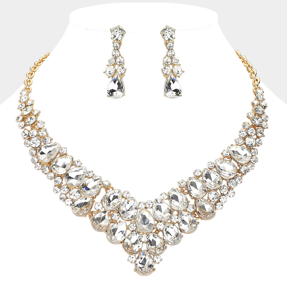 Clear, Gold Teardrop Stone Cluster Collar Evening Necklace