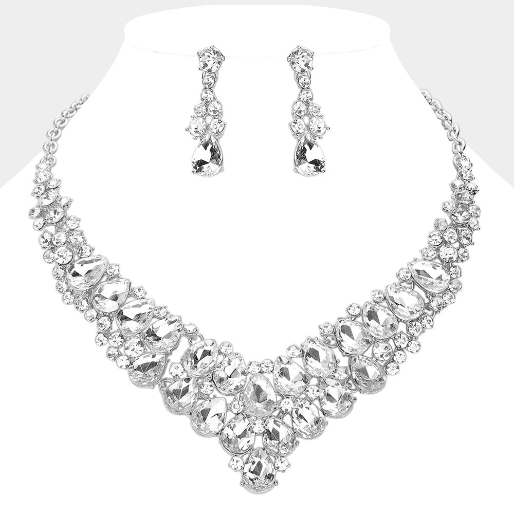 Clear, Silver Teardrop Stone Cluster Collar Evening Necklace